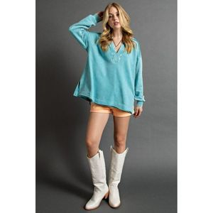 Easel Mineral Washed French Terry Knit Pullover Top in Turquoise Large